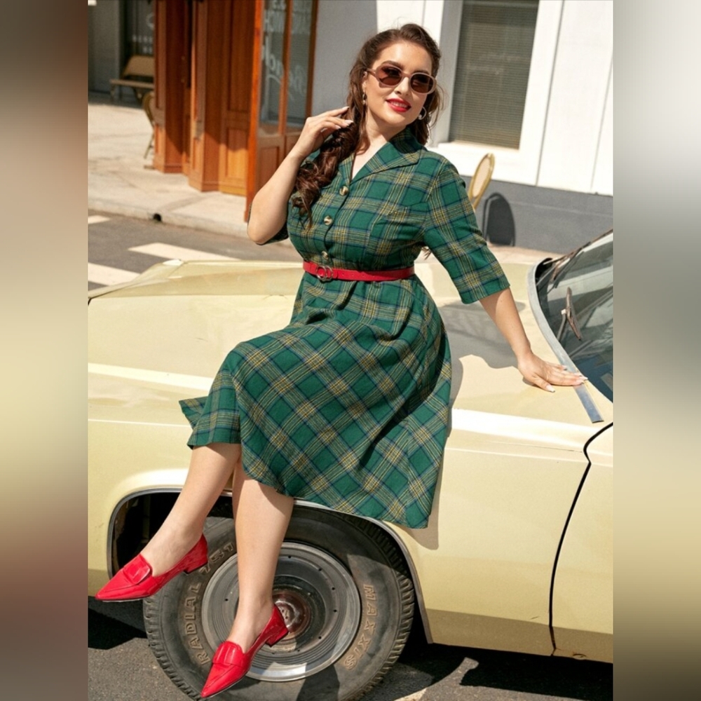 SHEIN Curve 3X Green/Yellow Tartan Plaid Collared Short Sleeve Midi A-Line Dress